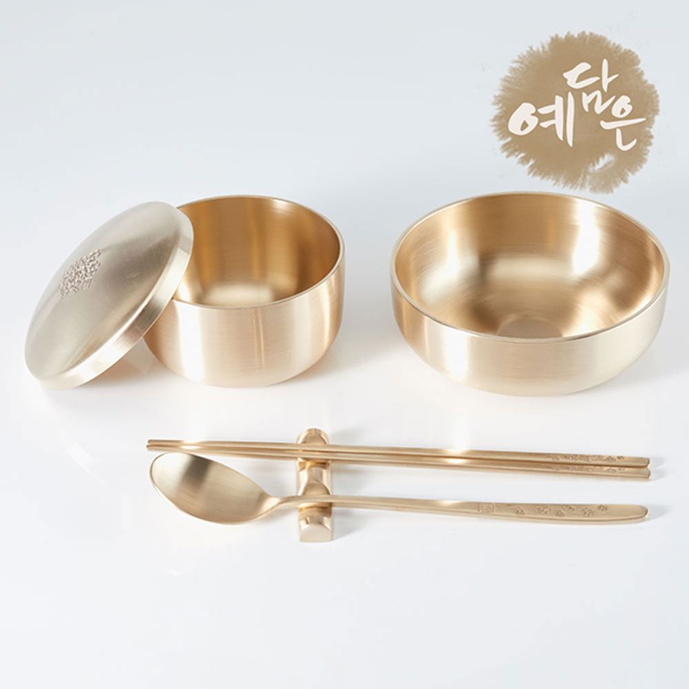 YEDAMUN Premium Bangjja Bronze Korean Tableware Set for One – Handmade Traditional Yugi Brass Rice Bowl Soup Bowl Spoon Chopsticks | Korean Traditional Golden Cutlery Dinnerware _ Made in KOREA